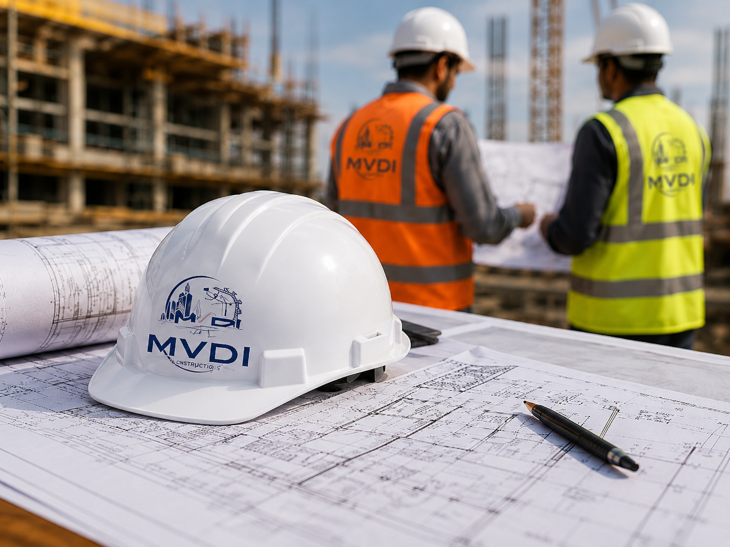 MVDI white safety helmet on construction drawings
