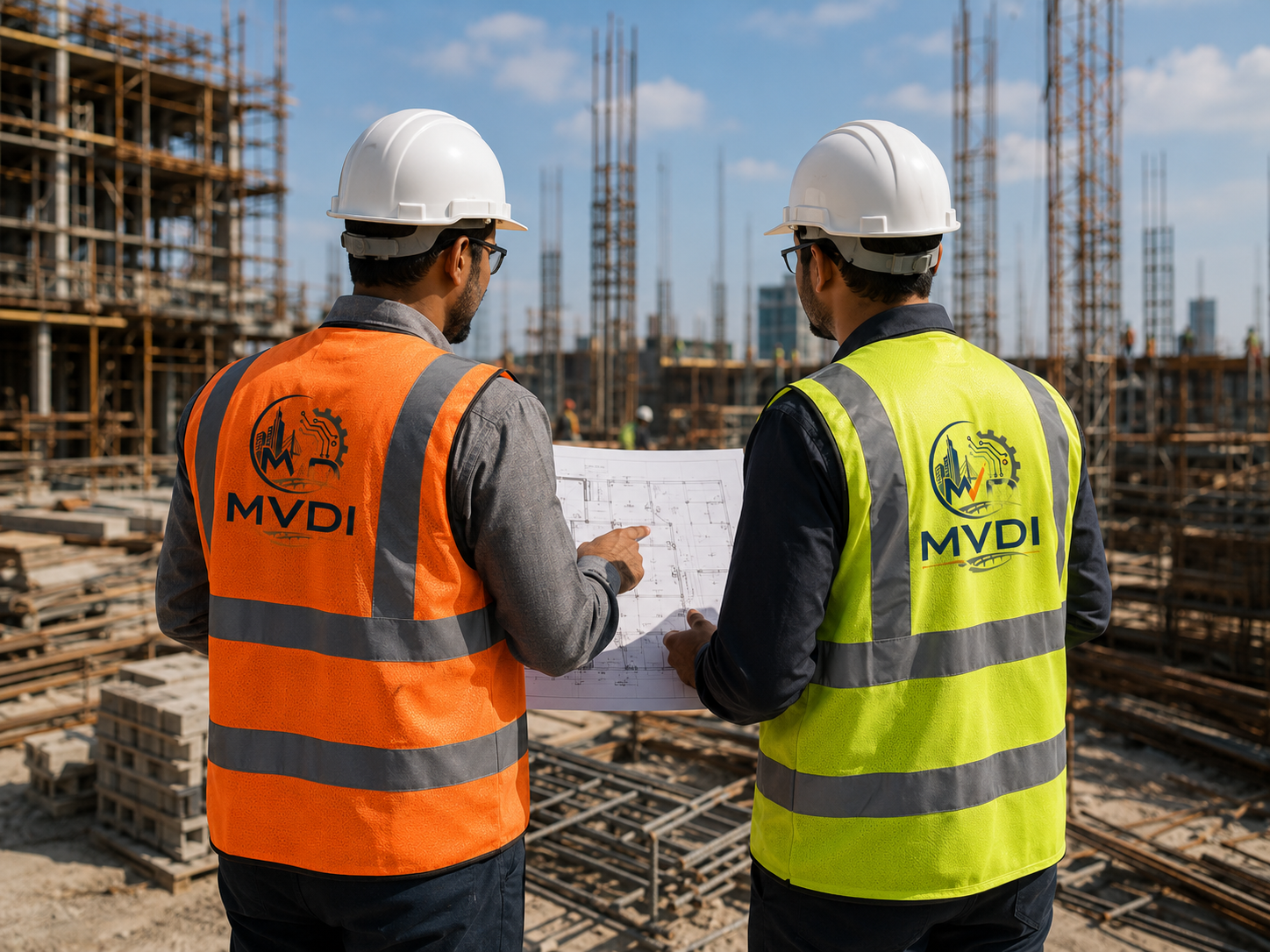 MVDI staff discussing construction plans on site