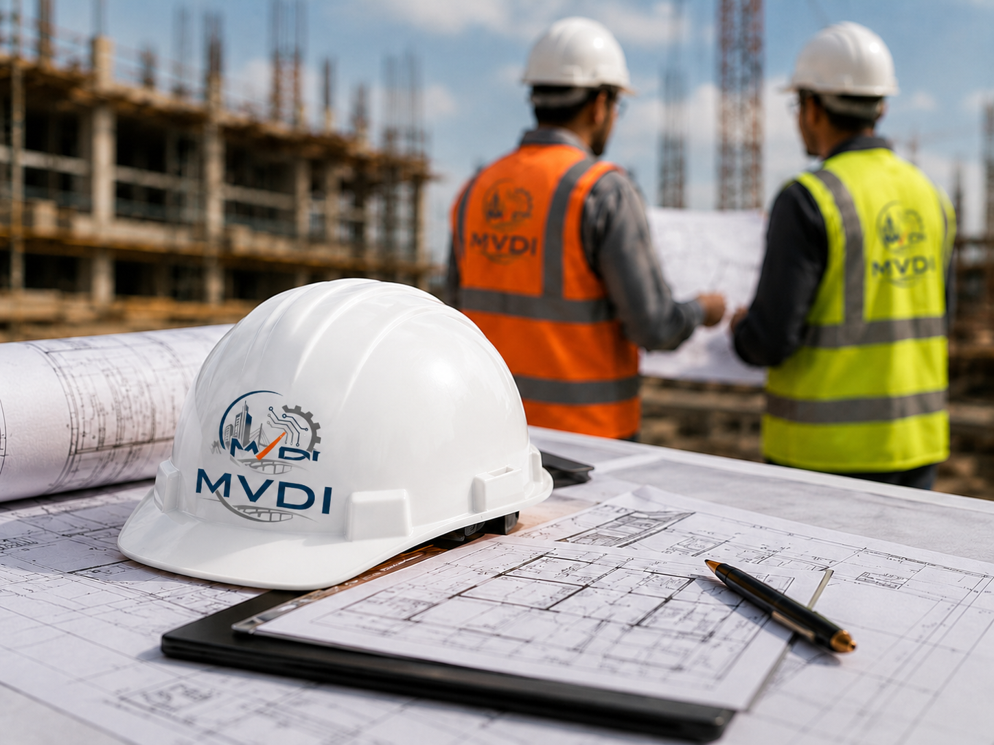 White MVDI safety helmet on drawings